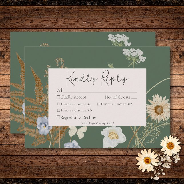 Cartons Réponse Fleurs sauvages sur Sage Green Mariage trois dîner (Wildflowers on Sage Green Wedding Three Dinner RSVP Card)