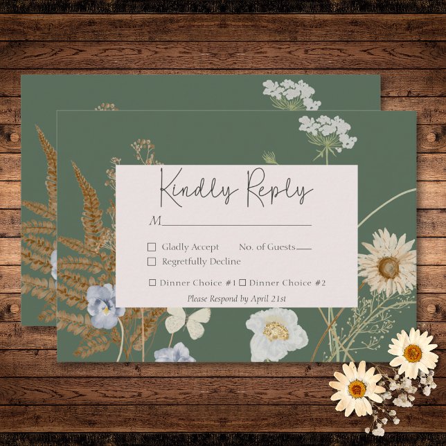 Cartons Réponse Fleurs sauvages sur Sage Mariage Deux Dîners (Wildflowers on Sage Wedding RSVP Card)