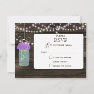 Cartons Réponse Fleurs violettes Mason Jars Grange Mariage en bois