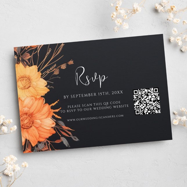 Cartons Réponse Floral Automne QR Code Mariage noir (Floral Fall QR Code Black Wedding RSVP Card)