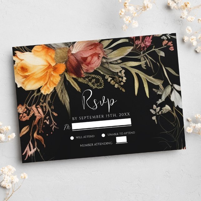 Cartons Réponse Floral Black Fall Mariage élégant (Floral Black Fall Elegant Wedding RSVP Card)