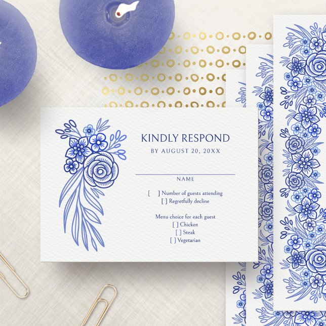 Cartons Réponse Floral bleu Mariage français (Créateur téléchargé)