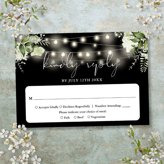 Cartons Réponse Floral Chaîne Éclairage Mariage noir et blanc (Floral String Lights Black And White Wedding RSVP Card)