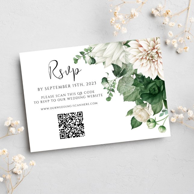 Cartons Réponse Floral Emerald vert QR Code Mariage (Floral Emerald Green QR Code Wedding RSVP Card)