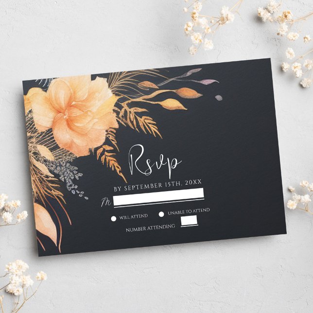 Cartons Réponse Floral Fall Elegant Mariage noir (Floral Fall Elegant Black Wedding RSVP Card)