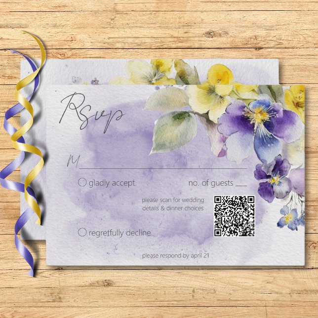 Cartons Réponse Floral jaune et violet Mariage moderne Code QR (Purple & Yellow Floral Modern Wedding QR Code RSVP Card)