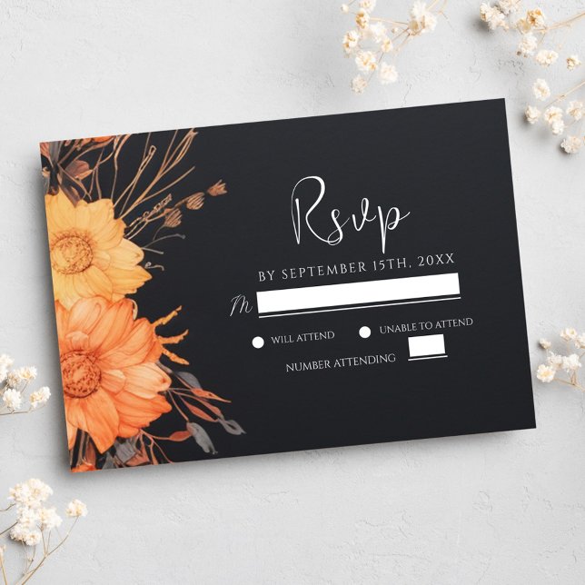 Cartons Réponse Floral moderne automne Mariage noir (Modern Floral Fall Black Wedding RSVP Card)