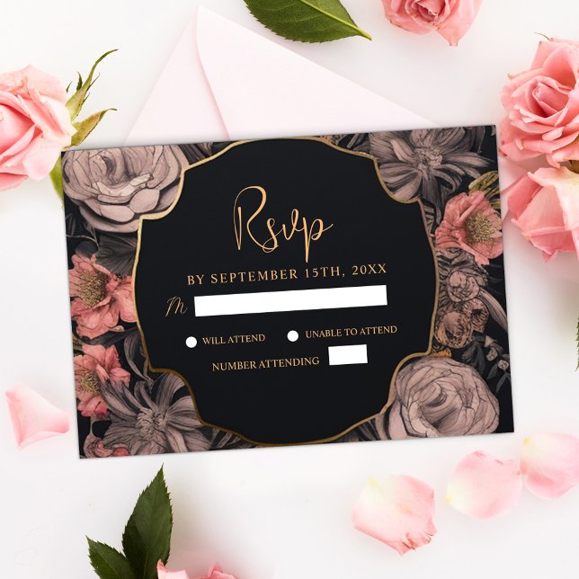 Cartons Réponse Floral Moody Dark Skull Black Gothique Mariage (Floral Moody Dark Skull Black Gothic Wedding RSVP Card)