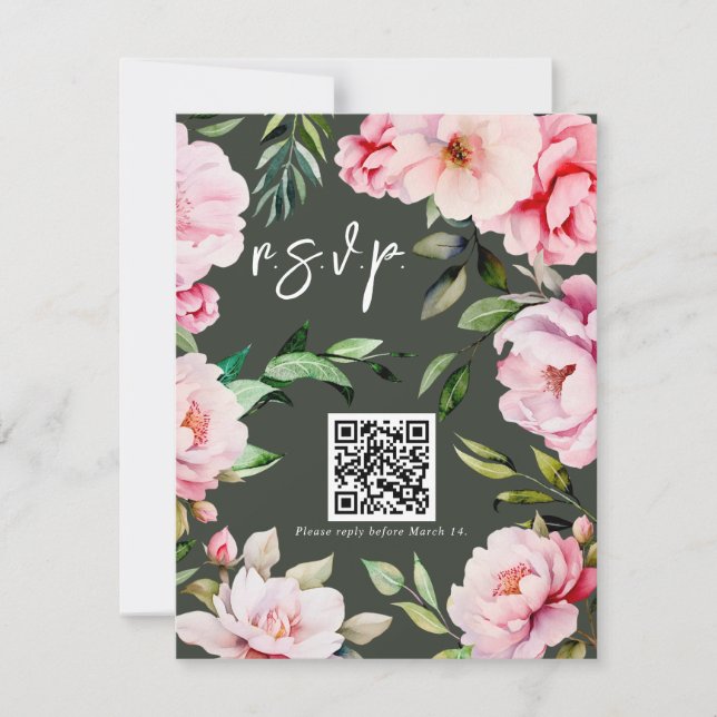 Cartons Réponse Floral Peony Magnolia Mariage vert QR (Devant)