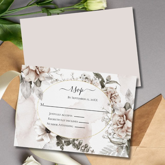 Cartons Réponse Floral rose pâle Élégant Mariage formel (Blush Pink Gray Floral Watercolor Wedding RSVP Card)