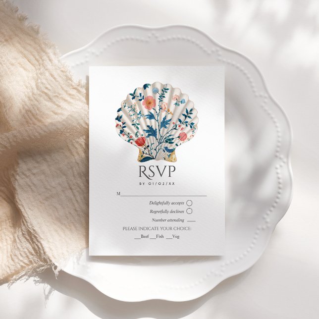 Cartons Réponse Floral Seashell Coastal Beach Wedding Nautical (Floral Seashell Coastal Beach Wedding Nautical RSVP Card)