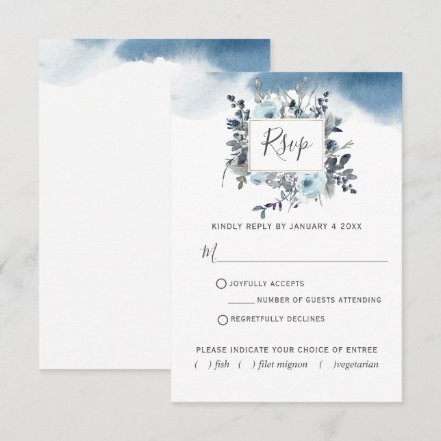 Cartons Réponse Flore Bleu Chic avec/out choix de repas Aquarelle (Devant / Derrière)