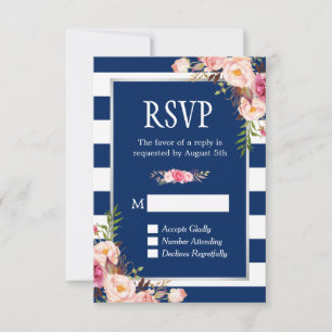Cartons Réponse Flore rose vif Argent Marine Bleu Mariage