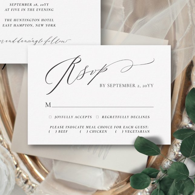 Cartons Réponse Flourissant Élégant Script Mariage de choix de rep (This elegant, minimalist RSVP card features a handwritten calligraphy script and your meal choices)