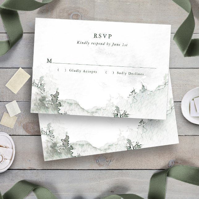 Cartons Réponse Forêt à l'aquarelle (Green and White Simple Minimalist Watercolor Forest RSVP Card
)