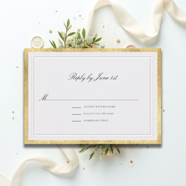 Cartons Réponse Formal Classic Elevated Gold Pearl Sm Wedding (formal traditional wedding RSVP response modern classic double frame gold ballroom black tie pearl)