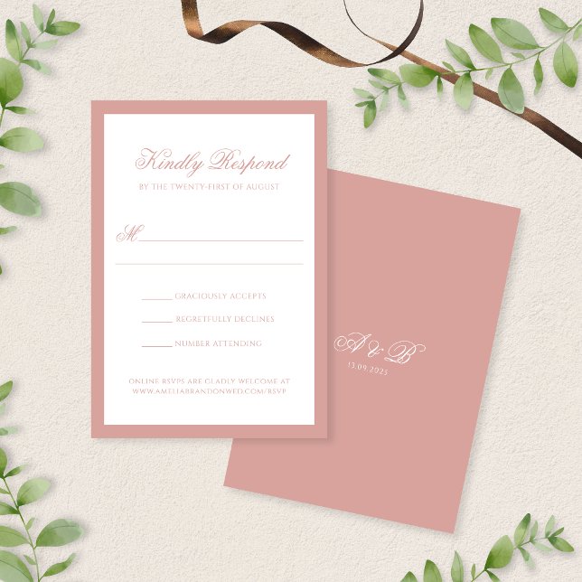 Cartons Réponse Formal Dusty Rose Border Monogram Script Wedding (Créateur téléchargé)