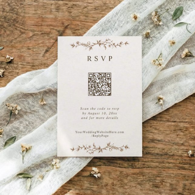 Cartons Réponse French Vintage Floral Brown Wedding (Elegant brown wedding QR RSVP card with Victorian floral chinoiserie toile de jouy frame)
