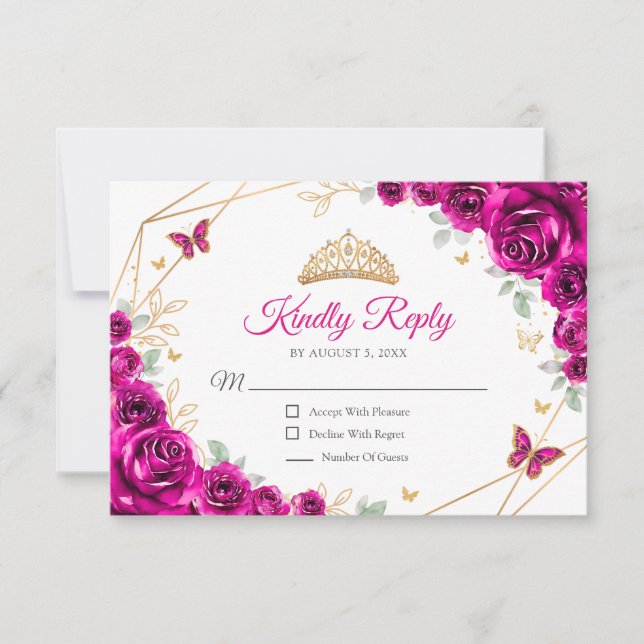 Cartons Réponse Fuchsia Pink Gold Floral Quinceanera Reply (Devant)