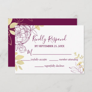 Cartons Réponse Fuchsia Pink Purple & Gold Peony Floral Mariage