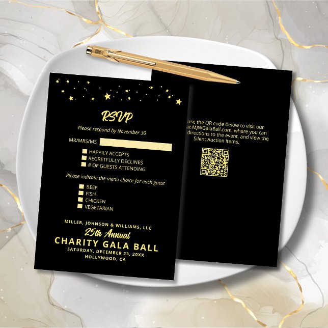 Cartons Réponse Gala de collecte de fonds de bienfaisance Événemen (Charity Fundraiser Gala Event Black and Gold RSVP Response Card with Menu Options, QR Code, Stars.)