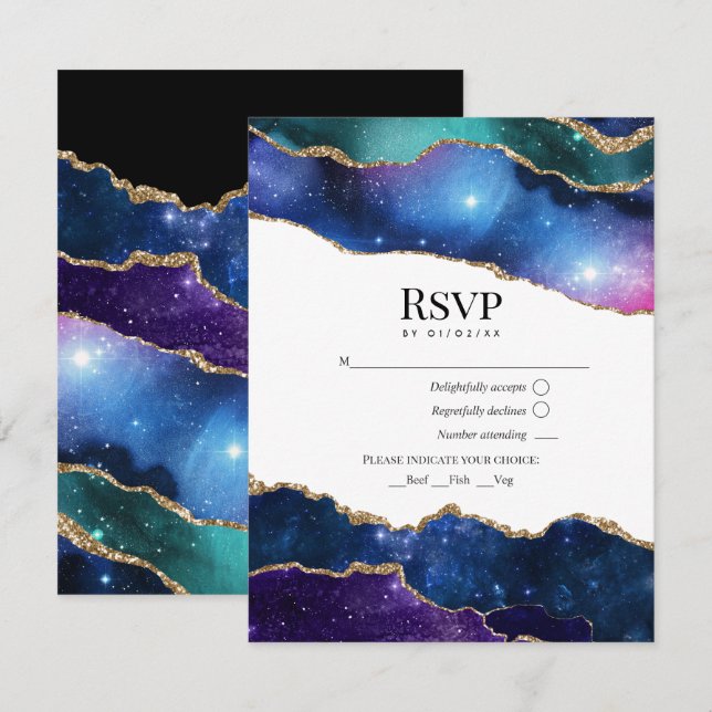 Cartons Réponse Galaxie Agate Faux Paillettes Mariage Céleste (Devant / Derrière)