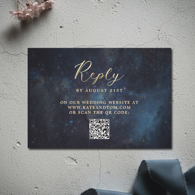 Cartons Réponse Galaxie Céleste Étoiles Nuit Bleu Marine Mariage Q (celestial galaxy wedding rsvp reply watercolor moody navy blue starry night written in the stars)