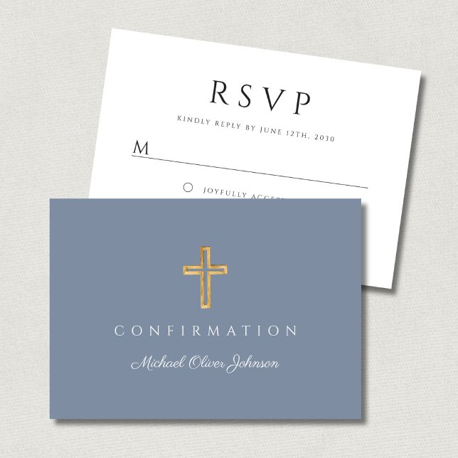 Cartons Réponse Garçon Bleu Poussiéreux Croix Religieuse Confirmat (Dusty Blue Boy Religious Cross Confirmation RSVP Card)