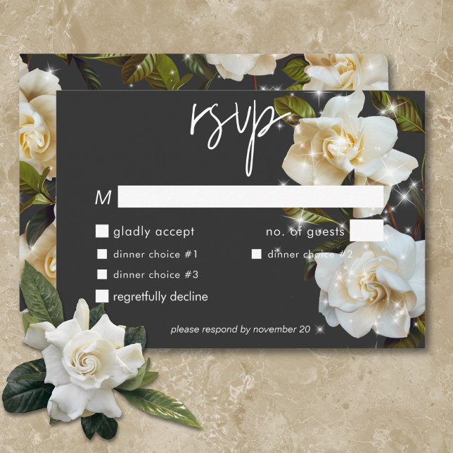 Cartons Réponse Gardenias blanches modernes au dîner noir (Modern White Gardenias on Black Sparkle Dinner RSVP Card)