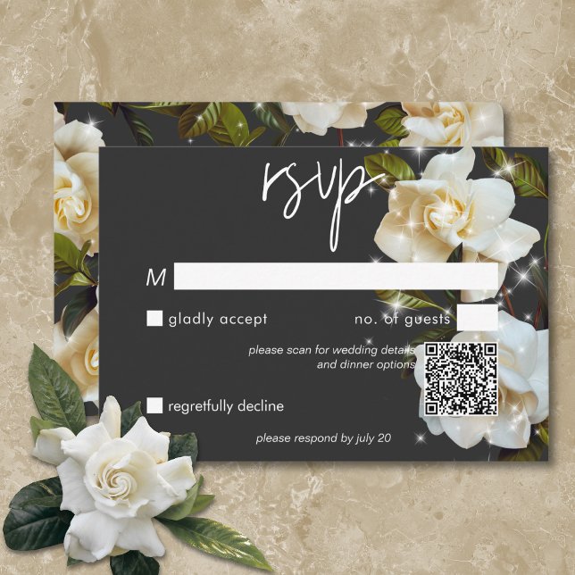 Cartons Réponse Gardenias blanches modernes sur Black Sparkle QR C (Modern White Gardenias on Black Sparkle QR Code RSVP Card)