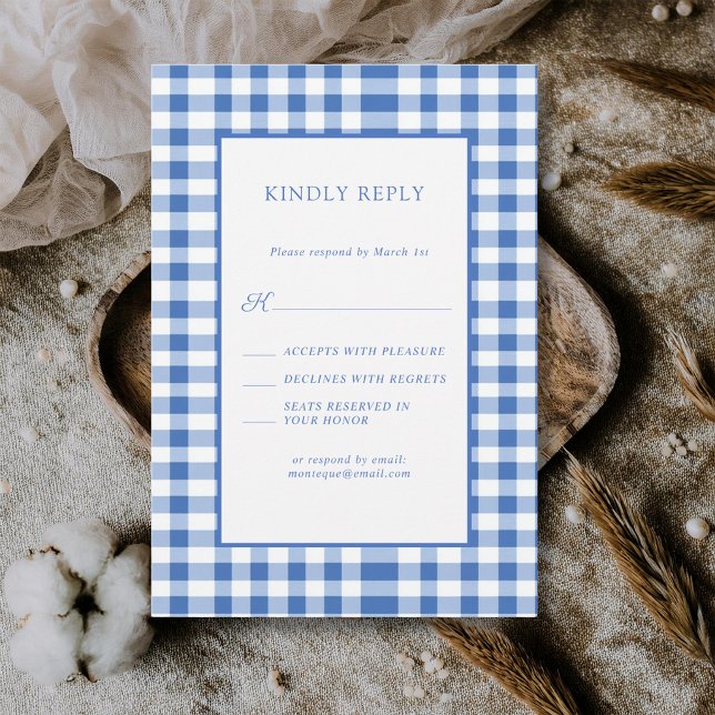 Cartons Réponse Gingham à carreaux bleus bébé Mariage rustique (Créateur téléchargé)