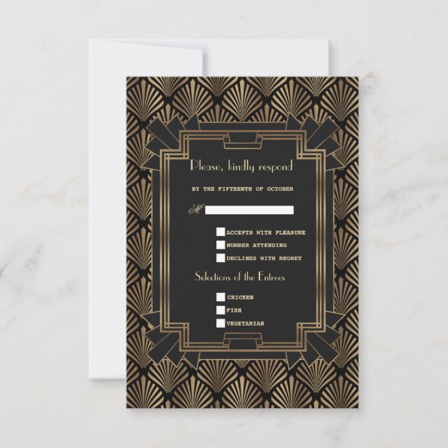 Cartons Réponse Glam Roaring 20's Gold Black Great Gatsby Mariage (Devant)