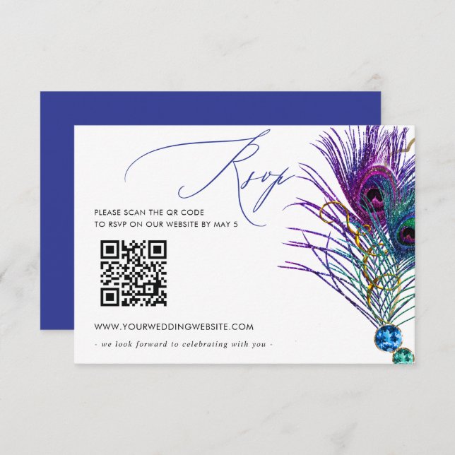 Cartons Réponse Glitter Gold Blue Purple Peacock Plume QR CODE (Devant / Derrière)