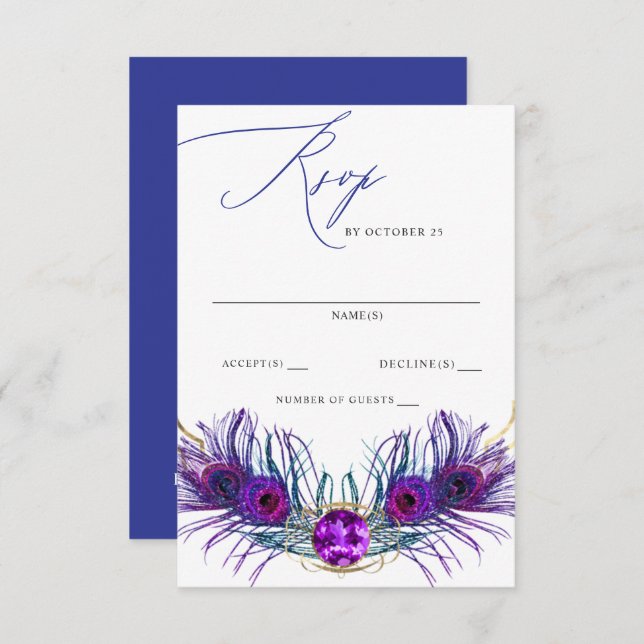 Cartons Réponse Glitter Gold Blue Purple Peacock Plume Wedding  (Devant / Derrière)