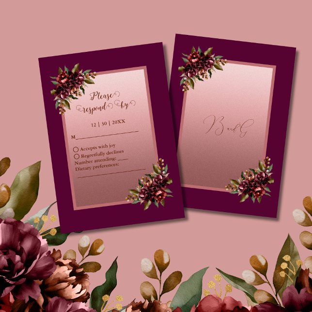 Cartons Réponse glitter Rose Gold Script - Burgundy floral wedding (Créateur téléchargé)