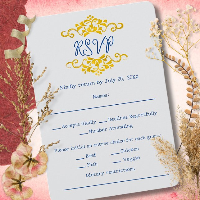 Cartons Réponse Gold Baroque Floral Heart Mexican Wedding (Elegant gold Baroque scrolls with navy text for a refined wedding RSVP design.)