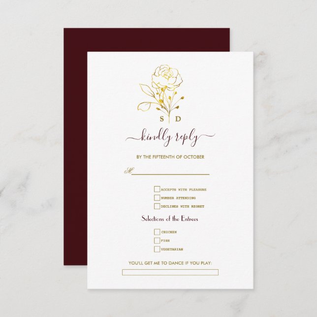 Cartons Réponse Gold Deep Burgundy Simple Song Request Wedding  (Devant / Derrière)