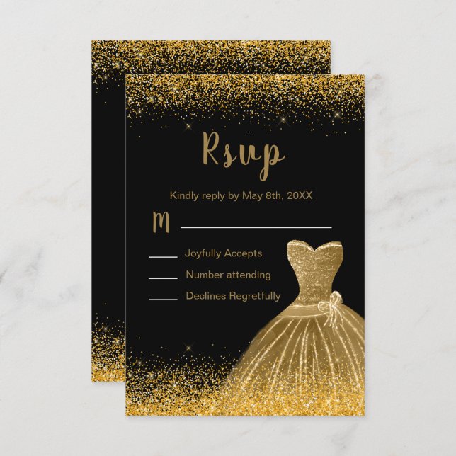 Cartons Réponse Gold Dress Faux Glitter Quinceanera (Devant / Derrière)
