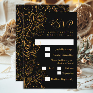 Cartons Réponse Gold et Black Elegant Floral Mariage choix de repa
