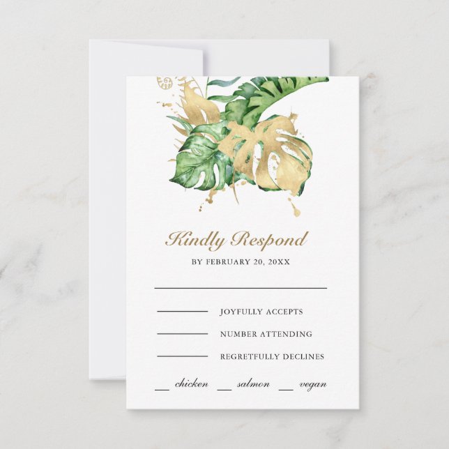 Cartons Réponse Gold Monstera Tropical Palm Wedding (Devant)