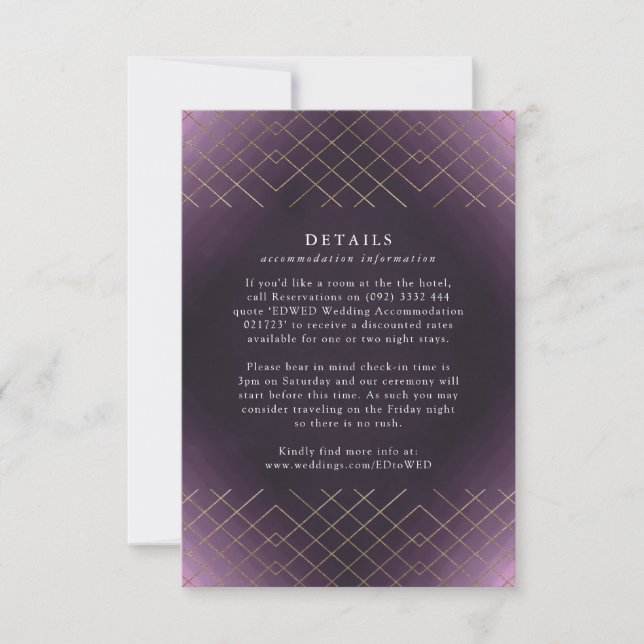 Cartons Réponse Gold Purple Elegance Diamant Geo Déco Mariage (Devant)