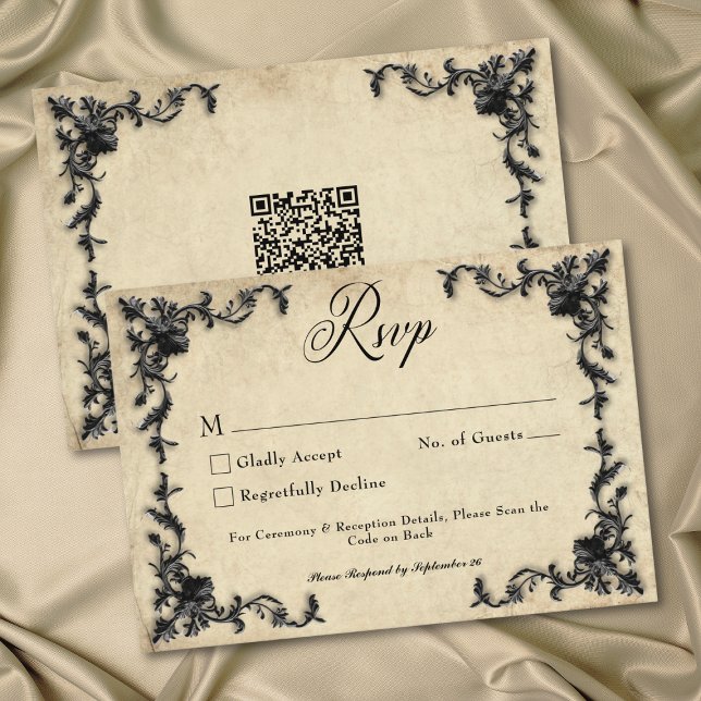 Cartons Réponse Gothic Black Tan Parchment Filigree Heart Wedding (Gothic Black Tan Parchment Filigree Heart Wedding QR RSVP Card)