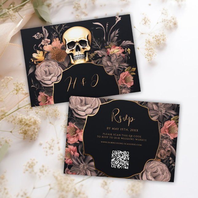 Cartons Réponse Gothique Crâne Floral QR Code Mariage (Gothic Skull Floral QR Code Wedding RSVP Card)