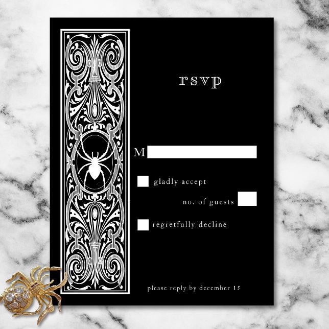 Cartons Réponse Gothique Éffrayant Araignée Noir Blanc Mariage Non (Gothic Spooky Spider Black White Wedding No Dinner RSVP Card)