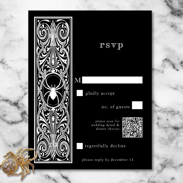 Cartons Réponse Gothique Éffrayant Spider noir blanc Mariage QR Co (Gothic Spooky Spider Black White Wedding QR Code RSVP Card)