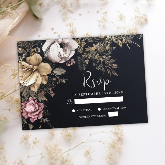 Cartons Réponse Gothique Floral Dark Mariage noir unique (Gothic Floral Dark Unique Black Wedding RSVP Card)