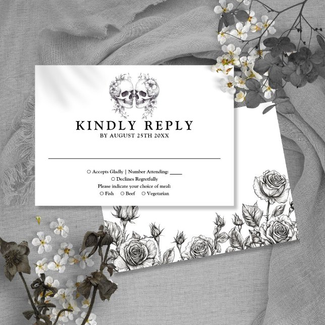 Cartons Réponse Gothique Floral Skuls Mariage (Gothic Floral Skulls Wedding RSVP Card)