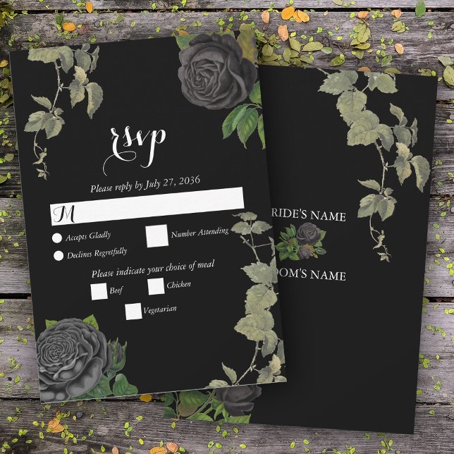 Cartons Réponse Gothique Halloween Rose noir Mariage (Gothic Halloween Black Roses Wedding RSVP Card)