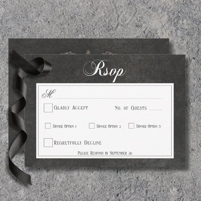 Cartons Réponse Gothique Noir & Blanc Skuls & Coeur Mariage Dîner (Gothic Black & White Skulls & Heart Wedding Response Card with Dinner Options)