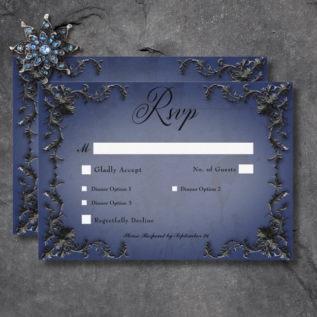 Cartons Réponse Gothique Noir & Bleu Filigree Dîner Coeur (Gothic Black & Blue Filigree Heart Dinner RSVP Card)